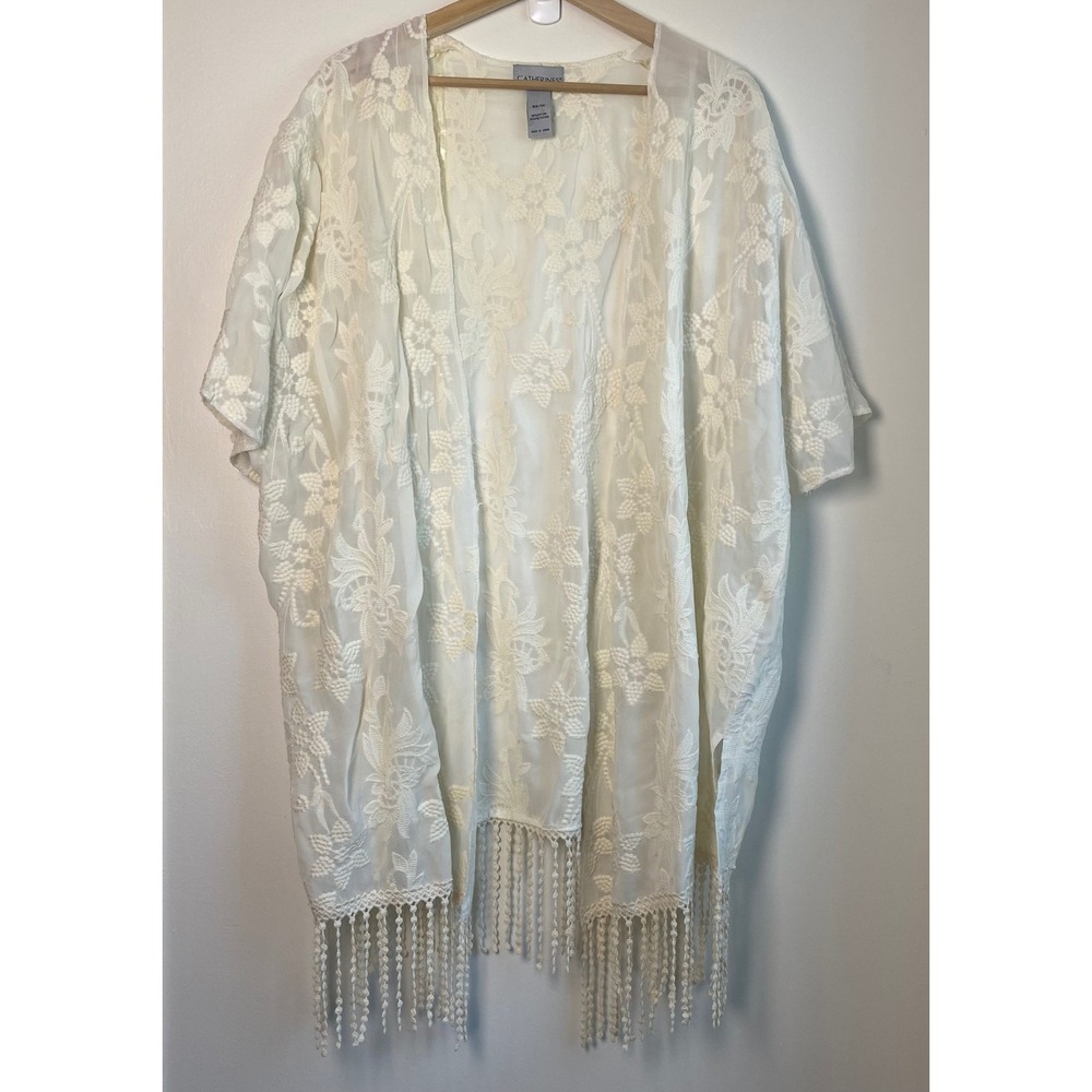 Catherines Kimono Cardigan Women 0X/1X Ivory Lace Embroidery Fringe Boho Coastal